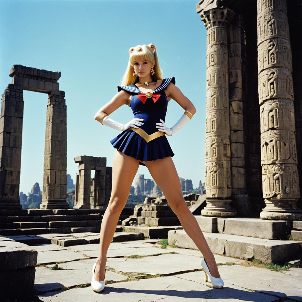 Woman in Blue Sailor-Style Anime Costume Posing Among Ancient Stone Ruins