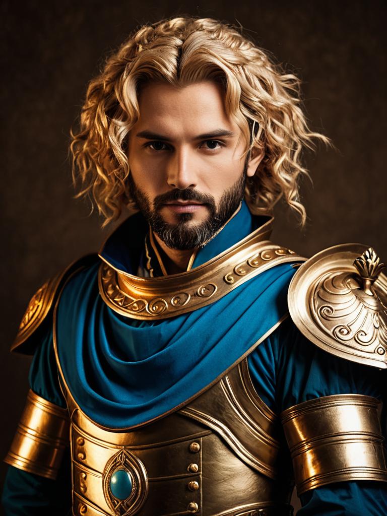 Man in Realistic Neptune Vasilias Costume Cosplay with Golden Armor and Blue Cloak