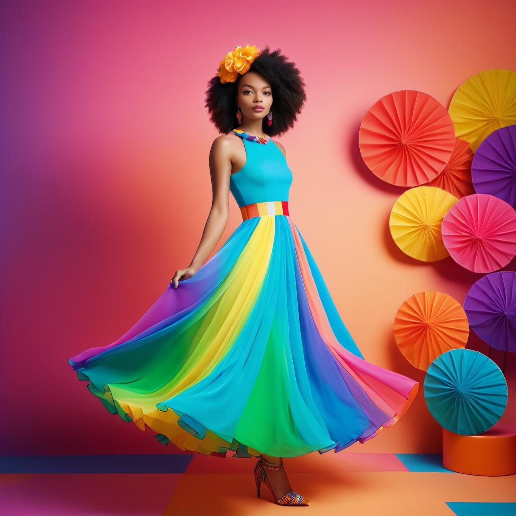 Vibrant Woman in Colorful Dress with Floral Headpiece