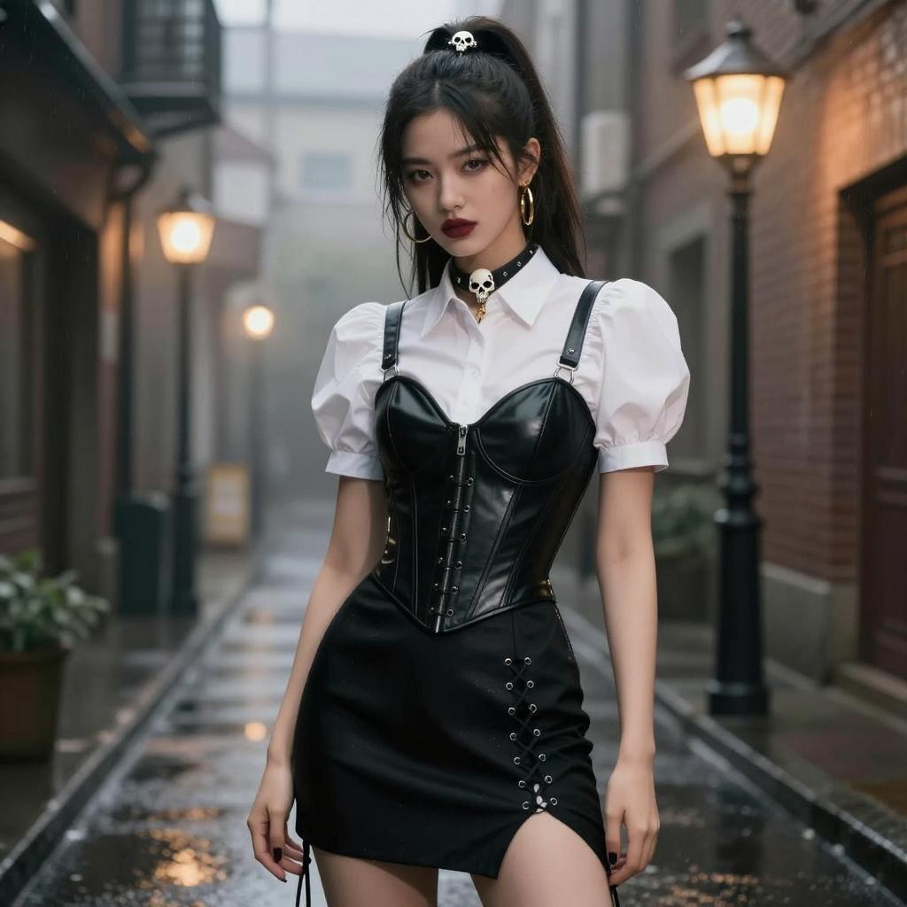 Goth-Inspired Young Woman Wearing Leather Corset and Skull Accessories on Urban Street