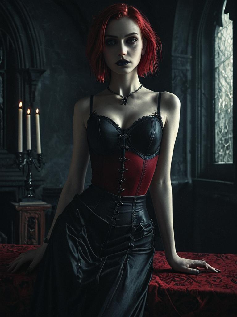 Gothic Woman in Black and Red Corset with Red Hair in Dark Interior