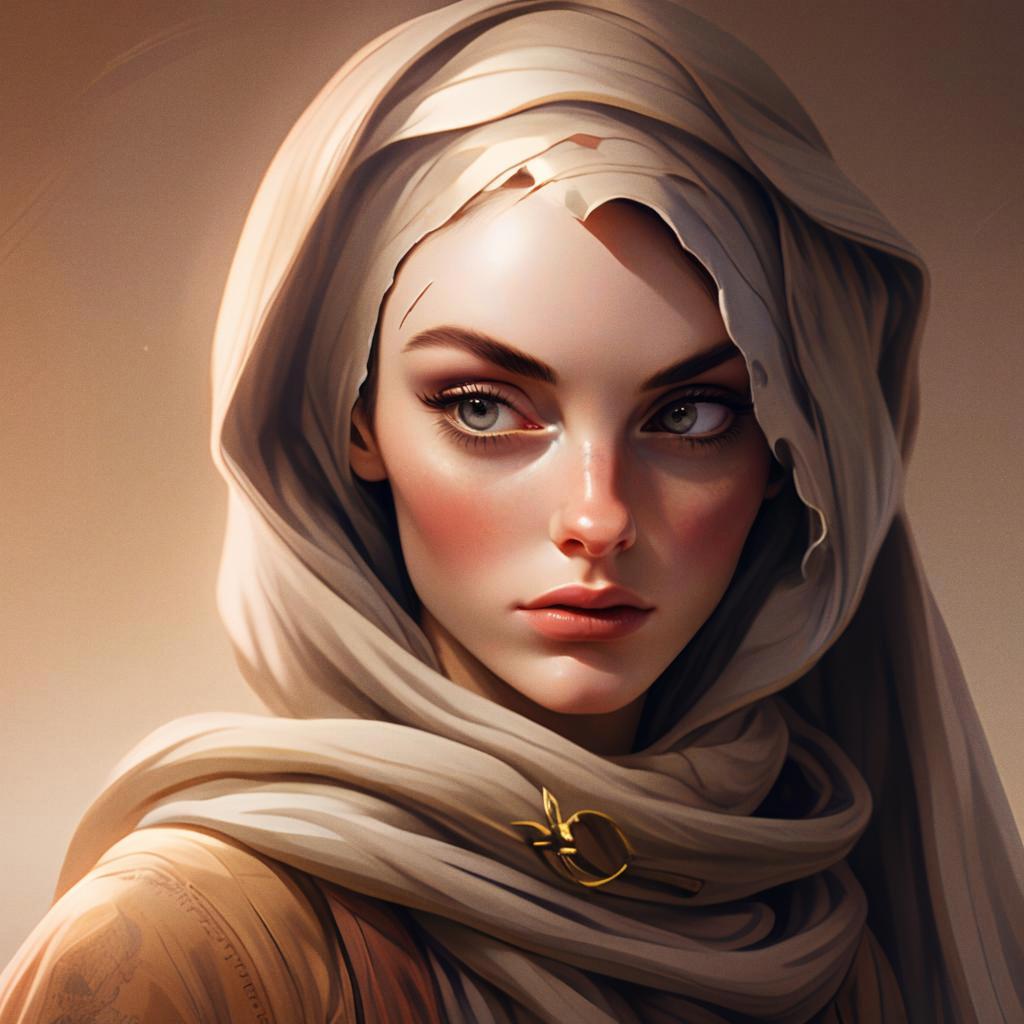 Digital Portrait of Woman in Beige Headscarf with Expressive Gaze