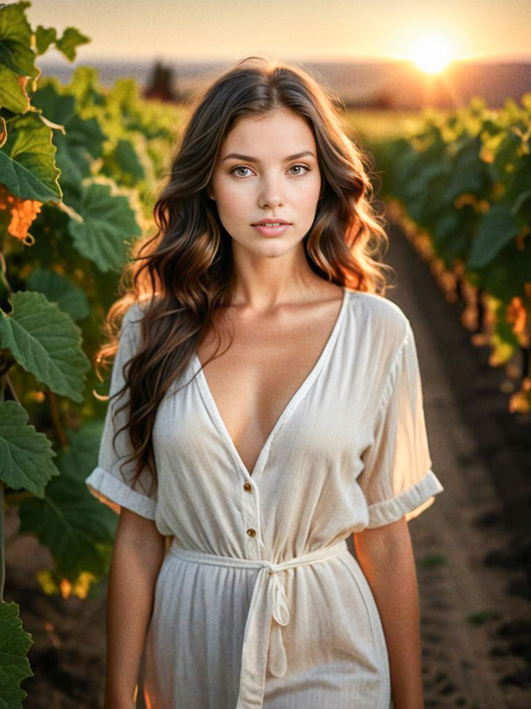 Confident Woman in Vineyard at Sunset