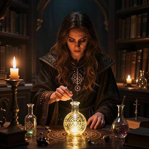 Fantasy Woman Performing Magical Ritual in Candlelit Alchemist Library