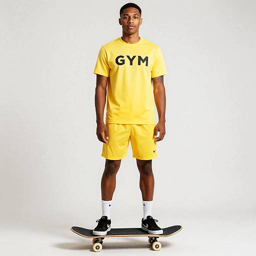 Man in Yellow Gym Tops and Shorts Standing on Skateboard