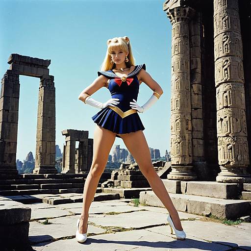 Woman in Blue Sailor-Style Anime Costume Posing Among Ancient Stone Ruins