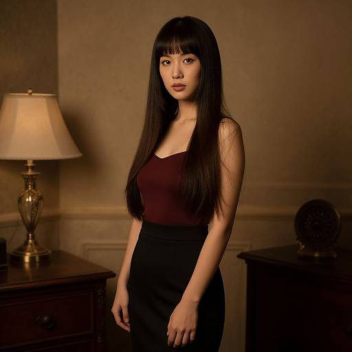 Young Woman in Classic Indoor Setting with Elegant Outfit