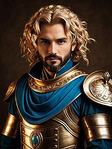 Man in Realistic Neptune Vasilias Costume Cosplay with Golden Armor and Blue Cloak