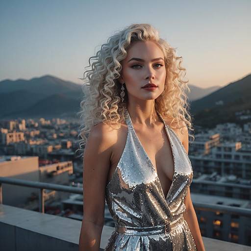 Glamorous Woman in Silver Dress on Rooftop at Sunset with Cityscape Background