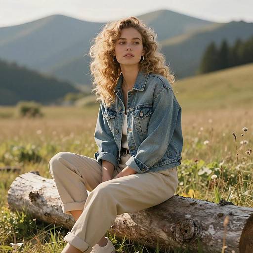 Young Woman Sitting on Log in Countryside Wearing Denim Jacket