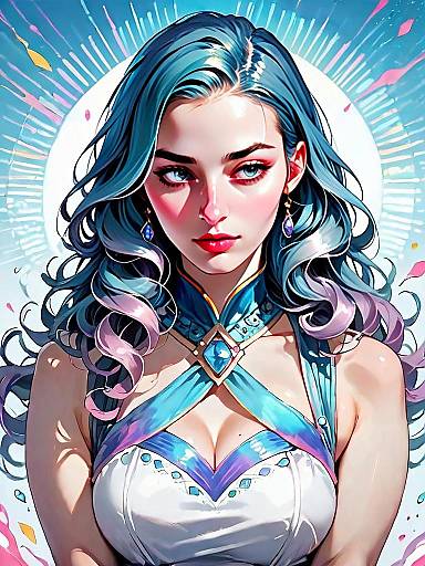 Elegant Woman in Sheer Chiffon Tunic with Blue Gemstones Digital Portrait