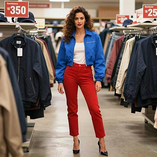 Woman in Blue Jacket and Red Pants Standing in Clothing Store Aisle