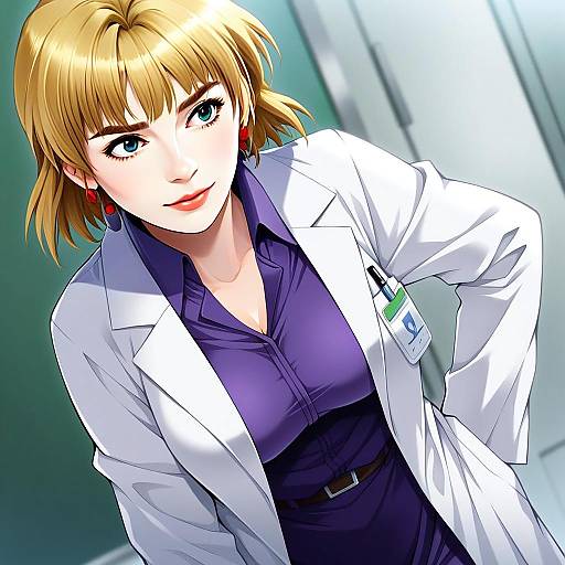 Anime Woman in Lab Coat with Blonde Hair and Blue Eyes