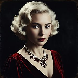 Vintage Hollywood Glamour Woman in Red Velvet Dress and Jeweled Necklace