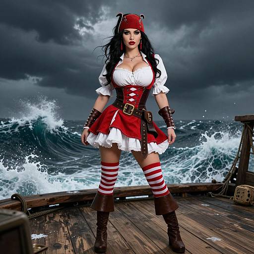 Woman in Red Pirate Costume on Stormy Ship Deck