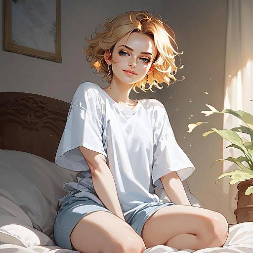 Anime Style Blonde Woman Sitting on Bed in Soft Light