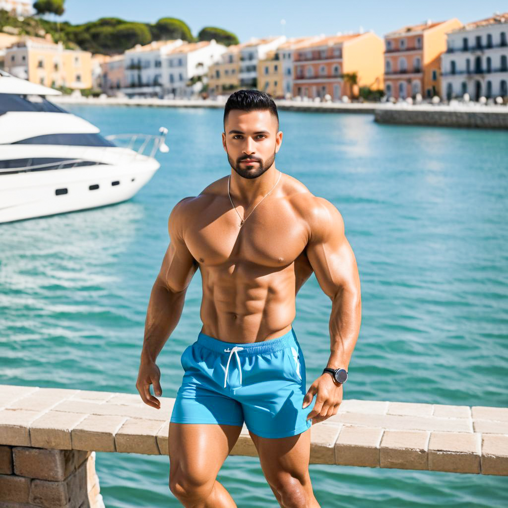 Muscular Man Posing by Waterfront with Yacht