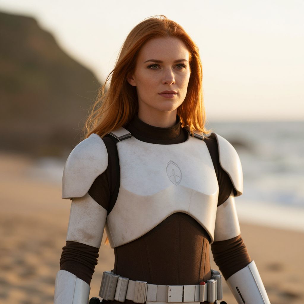 Red-Haired Woman in Futuristic Armor on Beach at Sunset