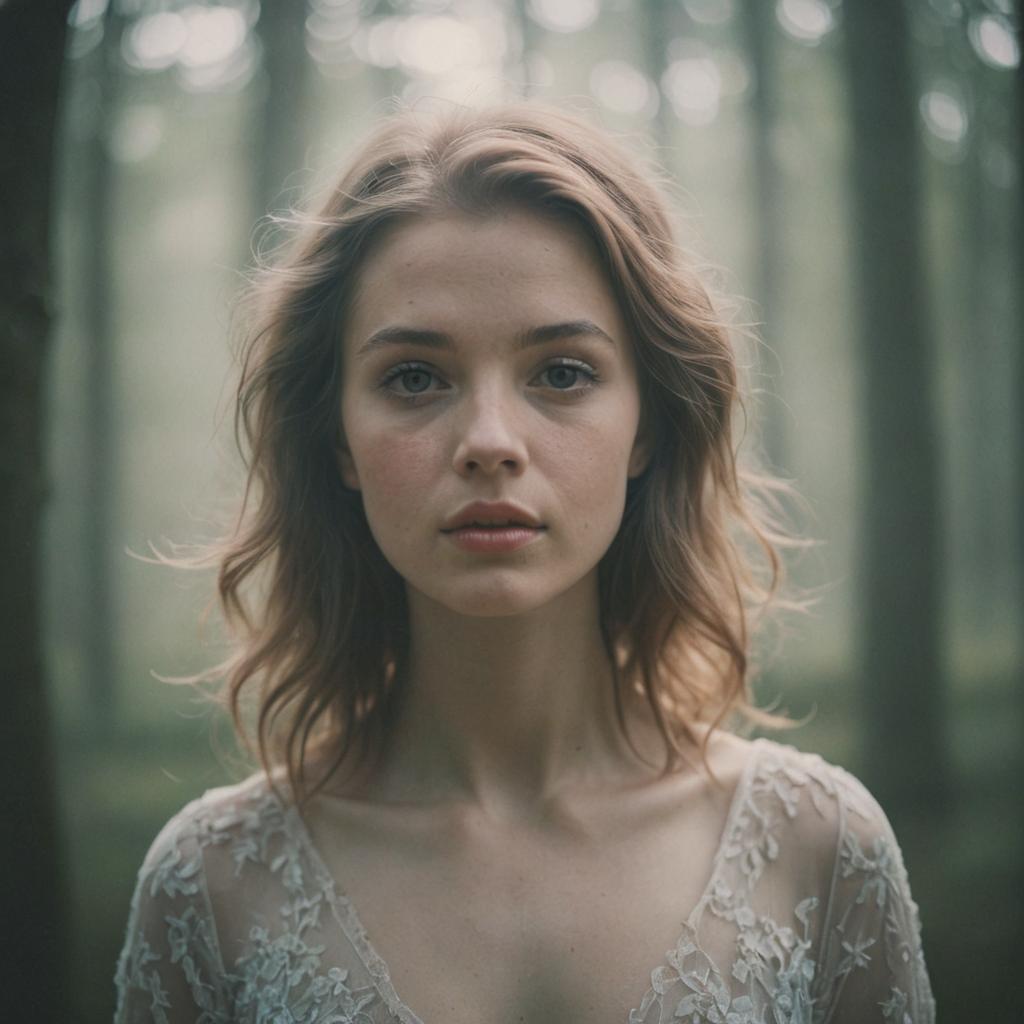 Serene Portrait of a Young Woman in a Misty Forest