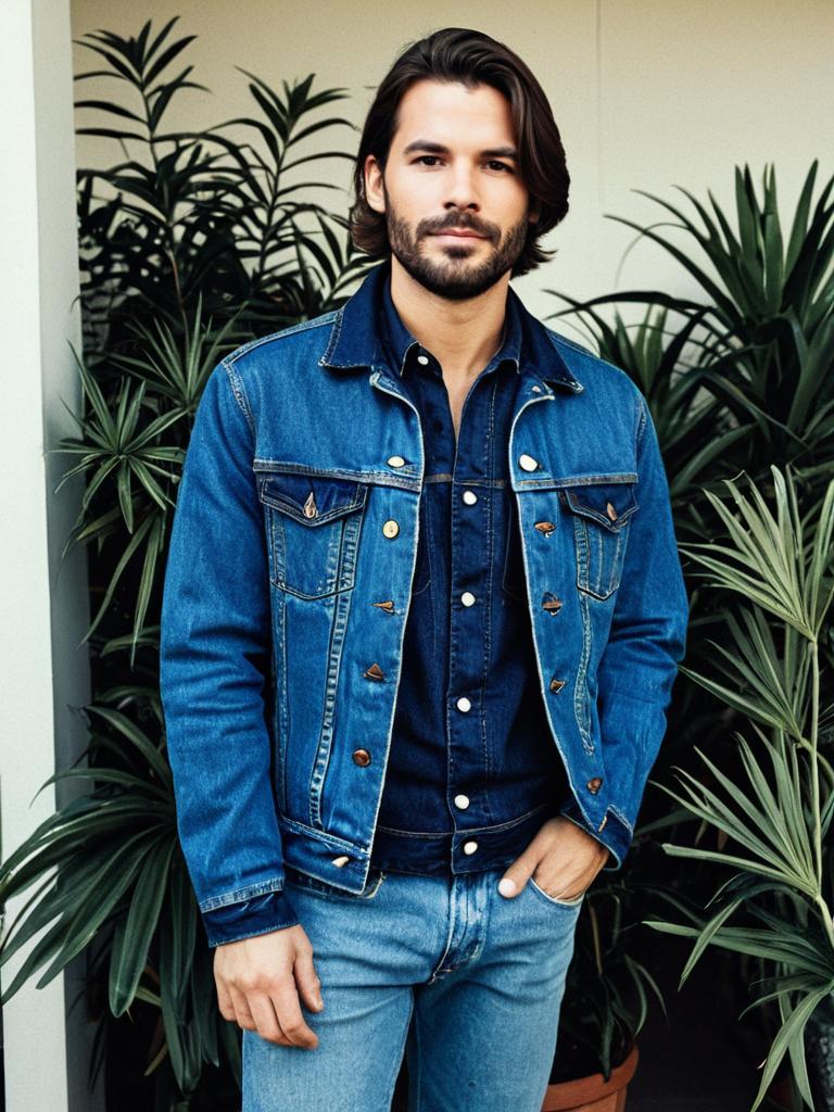 Man in Layered Denim Attire with Denim Jacket and Shirt
