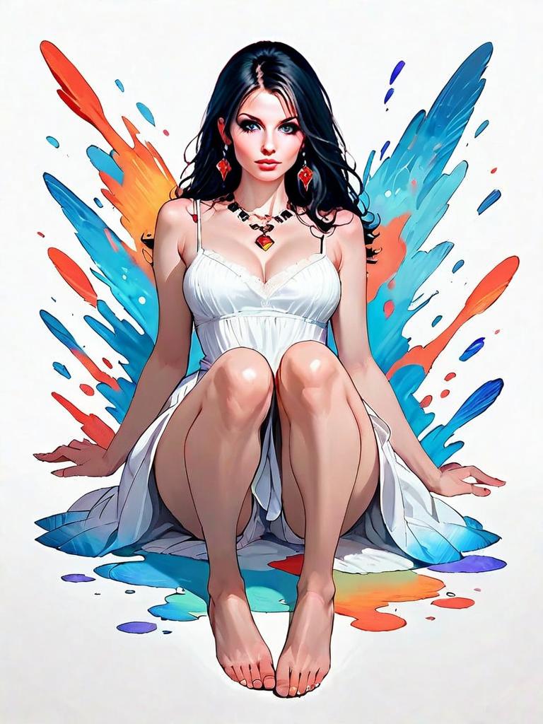 Realistic Comic Style Portrait of Woman in White Summer Dress with Vibrant Paint Splash Background