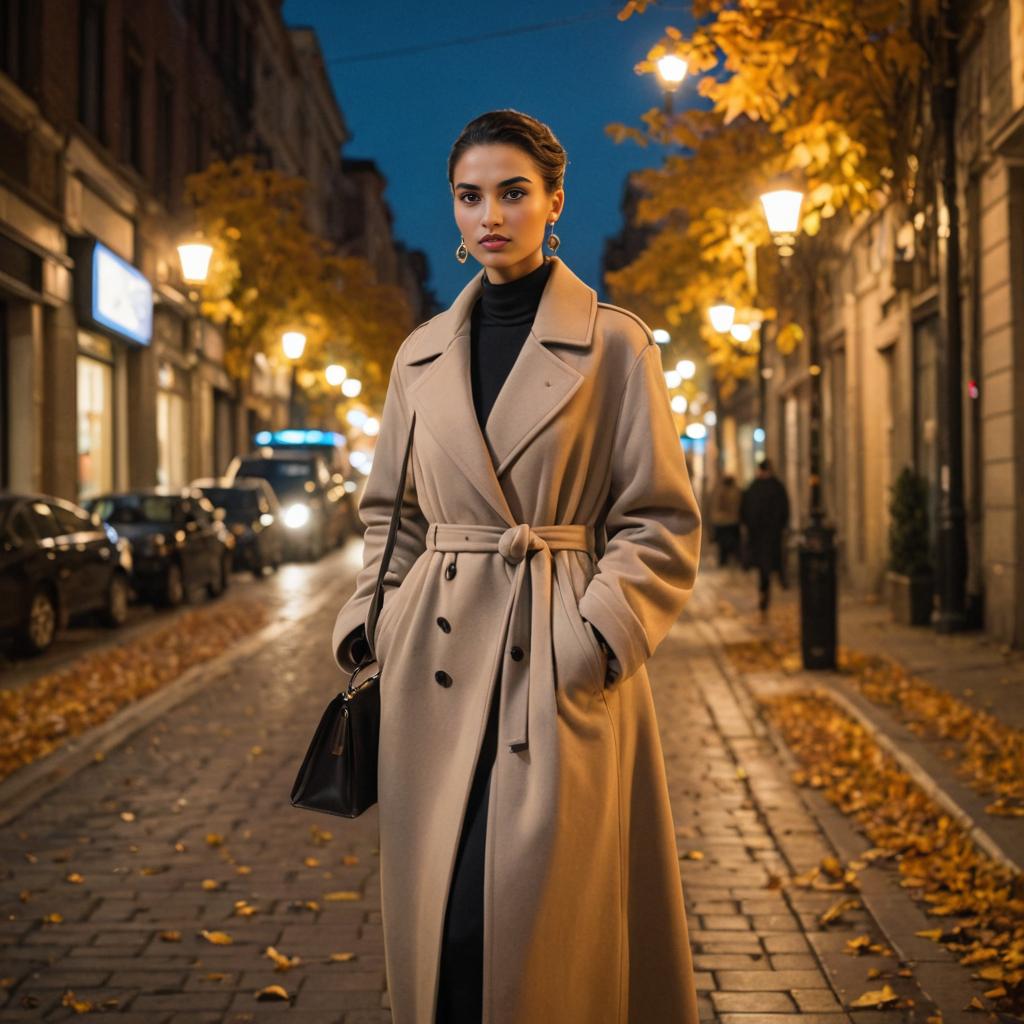 Elegant Woman Inspired by Nefertiti in Chic Beige Coat