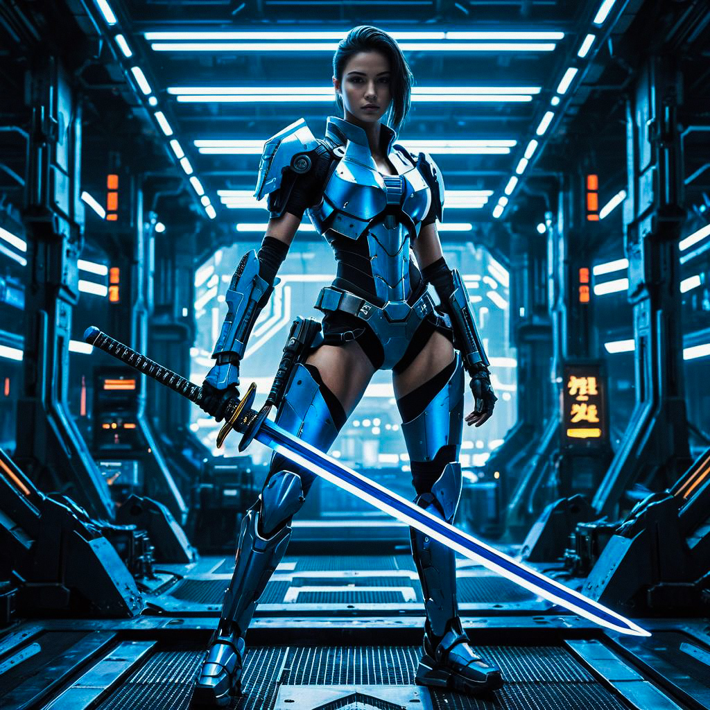 Futuristic Woman Warrior in Blue Armor