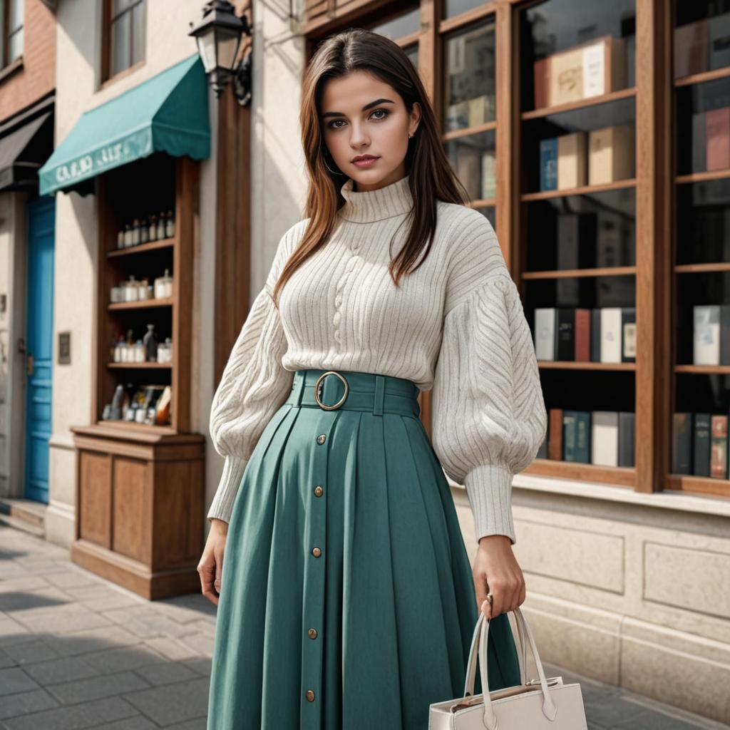 Chic Woman in White Knit Sweater and Teal Skirt on City Street