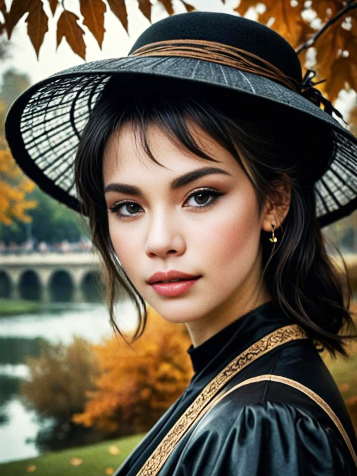 Elegant Woman Outdoors in Autumn with Wide-Brimmed Hat