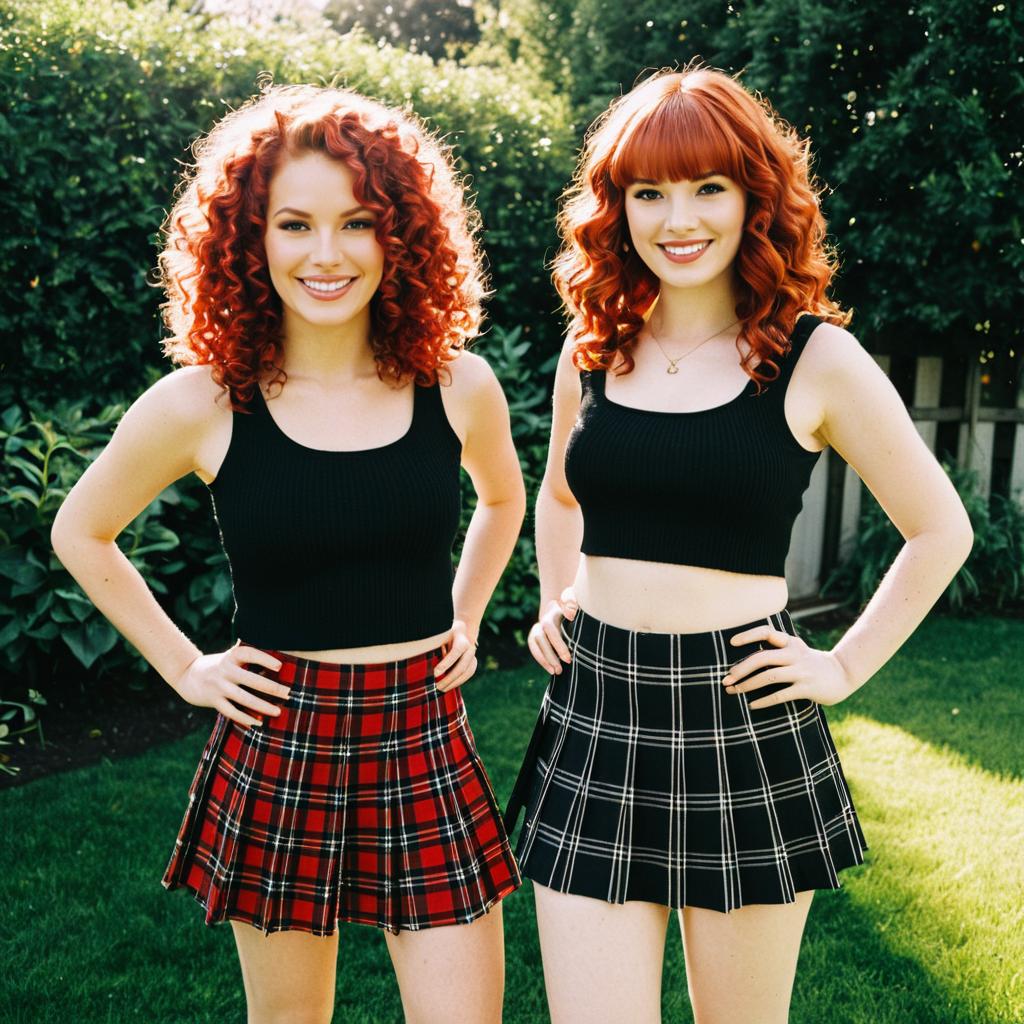 Two Women with Curly Red Hair Wearing Black Crop Tops and Plaid Skirts Outdoors