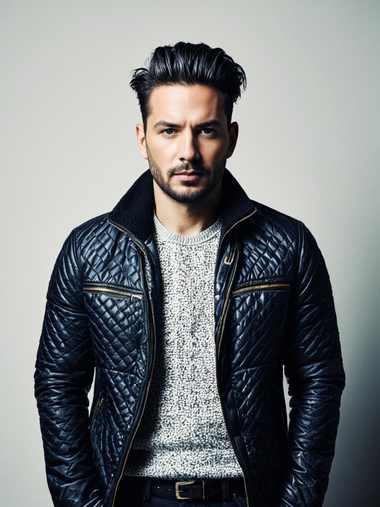 Man in Modern Fashion Outfit Black Quilted Leather Jacket and Gray Sweater Studio Portrait