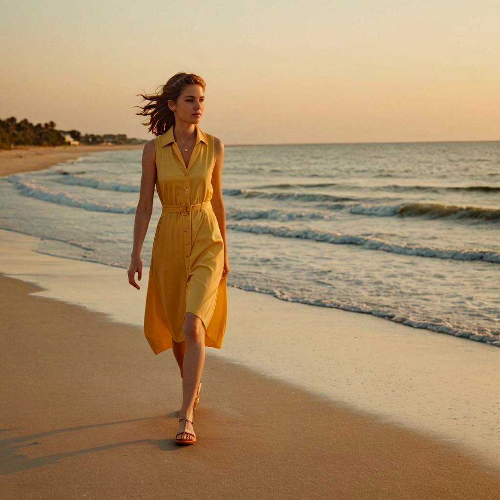 Woman in Yellow Dress Walking on Beach at Sunset