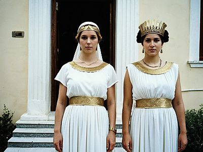 Women in Traditional Greek Costume with Gold Headpieces and White Dresses