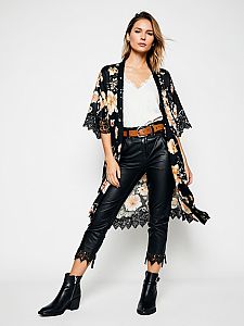 Stylish Woman Wearing Black Floral Kimono and Leather Pants Fashion Outfit