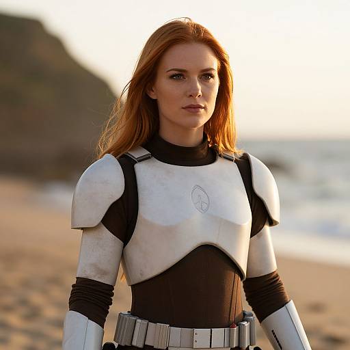 Red-Haired Woman in Futuristic Armor on Beach at Sunset
