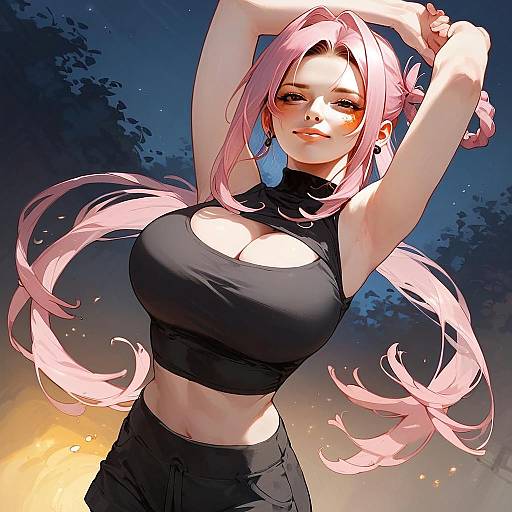 Anime Woman with Pink Hair in Black Crop Top Digital Illustration