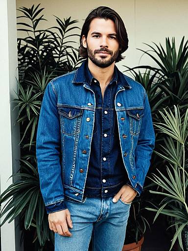 Man in Layered Denim Attire with Denim Jacket and Shirt