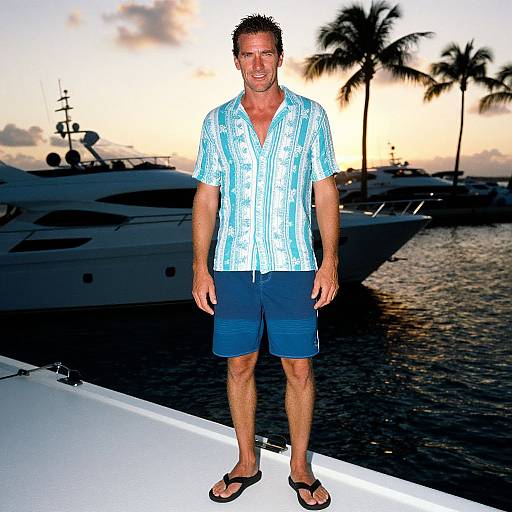 Man on Yacht Deck in Casual Summer Outfit at Sunset