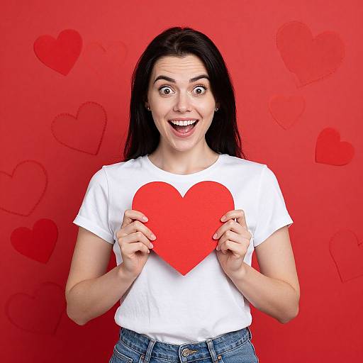 Happy Woman Holding Red Heart on Valentine Background