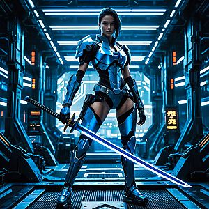 Futuristic Woman Warrior in Blue Armor