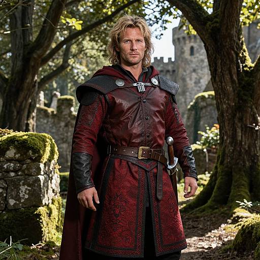Medieval Warrior in Red Leather Armor Standing by Castle