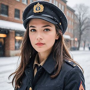 Young Woman in Navy Uniform During Snowfall