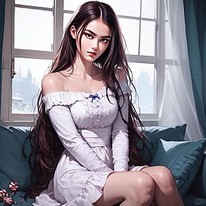 Young Woman in Off-Shoulder Dress by Window