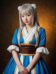 Realistic Photo of Woman in Kanna Cosplay Costume with Silver Hair and Blue Dress