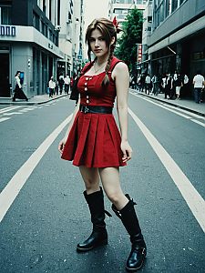 Woman in Aerith Cosplay Costume Full Body Portrait in Urban Street