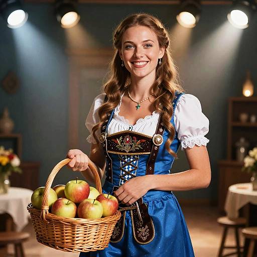 Woman in Traditional Bavarian Oktoberfest Costume Holding Basket of Apples