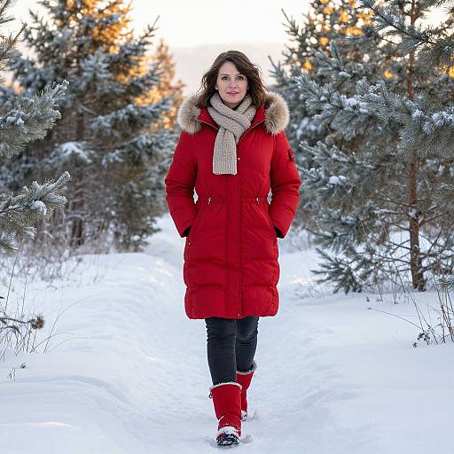 Woman Walking Winter Trail in Red Coat and Boots