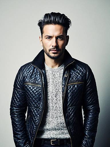 Man in Modern Fashion Outfit Black Quilted Leather Jacket and Gray Sweater Studio Portrait