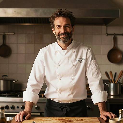 Professional Male Chef in White Jacket Standing in Kitchen