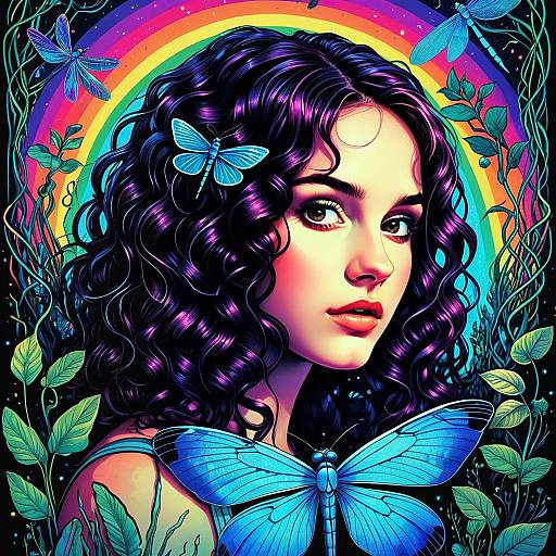 Fantasy Portrait of Woman with Blue Butterflies and Rainbow Background